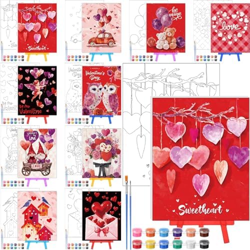 Blosssound 10 Set Valentine's Day Pre Printed Canvas Heart Pre Drawn Canvas Painting with Easel Kits 5" x 7" Outline Painting Panels for Beginners, DIY Craft Project, Home Decors by Blosssound