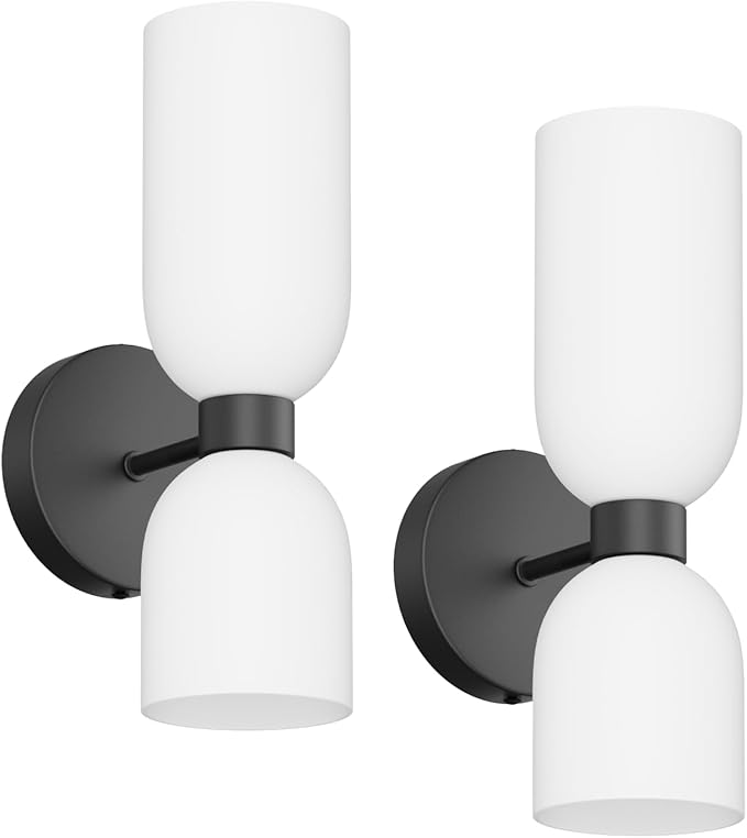 Tipace Black Wall Sconces Set of Two,Modern Bathroom Sconce with Milky White Glass,Hardwired Wall Light Fixtures for Bathroom Living Room Bedroom Hallway,E12 Base(Bulbs Not Included)