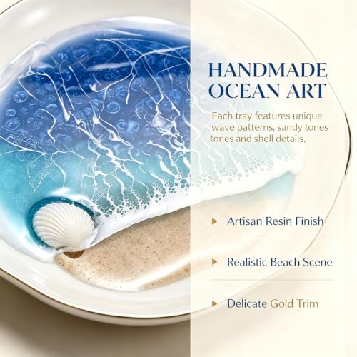 Vanity Tray, Ocean Resin Beach Wave Ceramic Jewelry Tray, Gold Trim Ring Dish Earring Holder, Small Decorative Trinket Dish for Dresser Makeup Vanity (Q) - Image 3