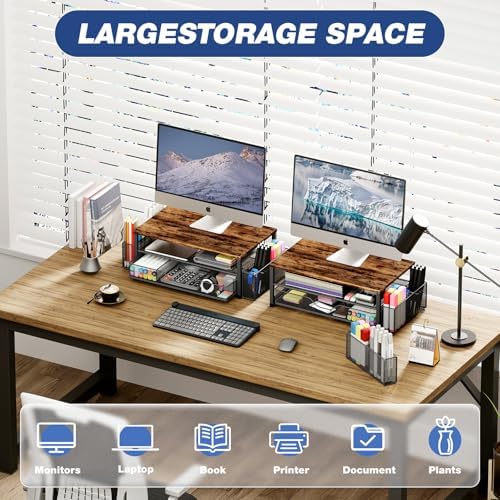 OPNICE Desk Organizer and Accessories, 2-Tier Computer Monitor Stand Riser with Drawer and 2 Pen Holders, Laptop Stand, Office Desk Accessories for Office Supplies, Brown - Image 4