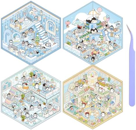 Girls 3D Miniature Scene Stickers, 4 Sets Penguin Holiday DIY House Stickers for Sweet World,Fun Beach,Flower Room,Home Diary, Cute 3D Cartoon Scene Stickers for Adult Kids Relief Stress Pass The Time by VYRANA