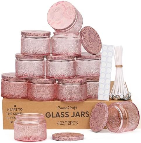 LumaCraft Luxury Embossed Glass Candle Jars for Making Candles - 12 Pack Empty Candle Containers with Airtight Metal Lids, 20 Wicks & 20 Stickers, Colored Glass Jars for Gifts & Decor-4oz by Unknown