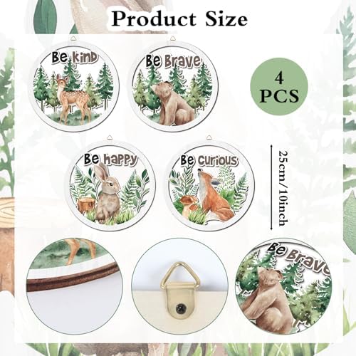 HPNIUB Woodland Nursery Wall Decor, Inspirational Girl Room Hanging Sign, 4 Pieces 10''x10'' Jungle Animals Wooden Decoration for Kids, Cartoon Fox Bear Art Sign for Teens Toddler Boy Baby Playroom - Image 2