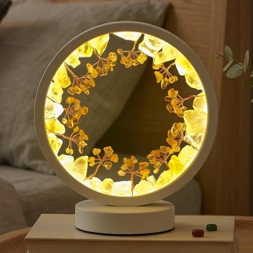 Runyangshi Crystal Lamp，Natural Crystal Citrine Small Tree Round White Frame Tri-Color Ambient Light Home Decoration Night Light Healing Decor Gift - Image 2