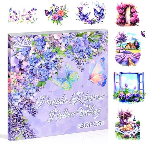 30 Sheets Precut Purple Garden Landscape Stickers Book for Junk Journal Supplies, Transparent PET Stickers for Journaling, Scrapbooking, Bujo, Collage, Card Making by Dwpetzo