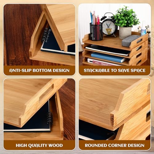 AceOrbit 4 Pcs Stackable Paper Tray Bamboo Wood Desk Organizer Letter Tray - Image 3