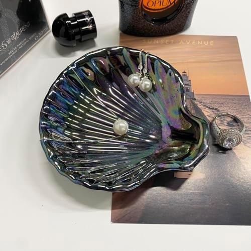 Shell Jewelry Dish Tray, Ceramic Trinket Tray Clamshell Jewelry Organizer Dish, Ring Holder Dish Room Decor, Mother's Day Valentine's Friendship Christmas Birthday Gifts for Women (Multicolor Black) - Image 5