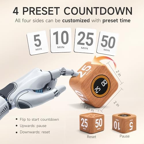 Rotating Productivity Cube Timer, 5/25/10/50 Min Presets, Wood Grain - Image 2
