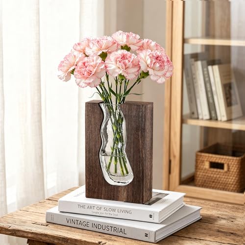 Wood and Glass Inlay Vases Farmhouse Wooden Glass Flower Vase Solid Wood Glass Vase Home Decor Vases for Centerpiece (9.44 Inches) - Image 7