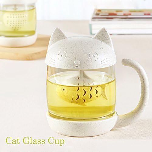 BigNoseDeer Cat Tea Cup Cute Mug Glass Pot with Fish Infuser for Loose Leaf Tea (White 8oz) - Image 5