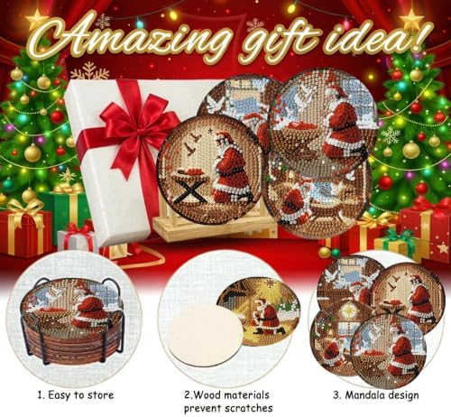 8 Pcs Santa Claus Praying Diamond Art Coasters Kit - DIY 5D Christmas Jesus Diamond Painting Coasters with Holder, Mini Small Diamonds Arts Kits for Adults Coaster, Gem Art Arts and Crafts for Adults - Image 5