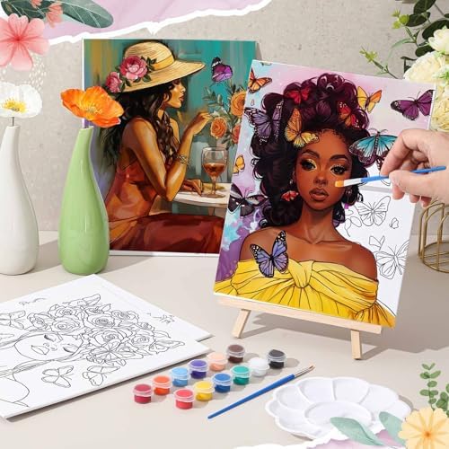 Tenceur 72 Pieces Pre Drawn Canvas Kit 8" x 10" Paint and Sip Kit for Adults Painting Party Pre Printed Canvas DIY Pre Stenciled Canvas with Paints Easels Aprons Brushes for Party Gifts(Black Girl) - Image 5
