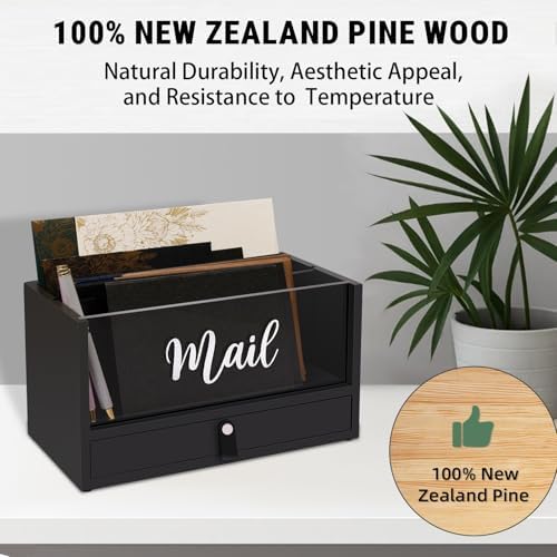 Two-Layer Solid Wooden Mail Storage Organizer Holder with Clear Acrylic Top and Bottom Drawer, Leather Handle, Keeping Mail, Bills, Letters, Cards and Office Supplies in One Place, Home Decor Gifts - Image 4