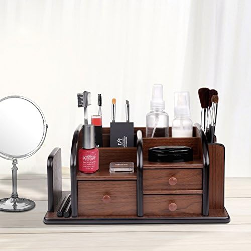 Flexzion Wooden Desk Organizer w/Drawers - Classic Wood Office Supplies Accessories Desktop Tabletop Sorter Shelf Rack Cherry Brown Pencil Holder Caddy Set with 3 Drawers, 3 Compartments & 2 Shelves - Image 6