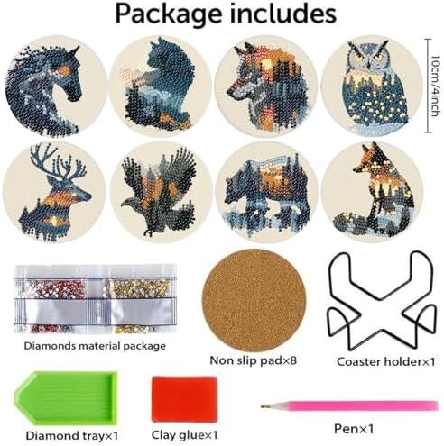 NEGEKFKX 8 Pcs Diamond Art Painting Coasters Kits,Animal Landscape Coaster with Holder for Adults, Non-Slip DIY Dot Paint Craft Kits,5D Full Drill DIY Diamond Dot Gem Art Kit Home Decor Arts Craft - Image 4