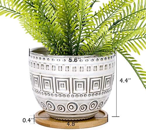 VanEnjoy 5.5 inch Large Round Bohemian Style Ceramic Planter, Geometry Engrave Off White Brown Succulent Planter Flower Pot, Indoor Outdoor Decorative Planter - Image 2