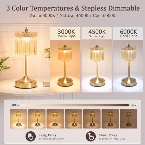 Cordless Table Lamp, Rechargeable Gold Glass Touch Lamp - Image 3