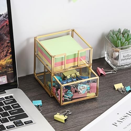 BTSKY Golden Glass 3x3 Inch Sticky Note Holder with Drawer, Elegant Post It Note Dispenser with Non-Slip Pads Clear Notepad Holder for Desk Organization Planning, Home Office Decor - Image 2