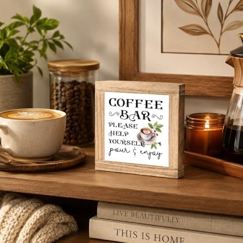 Coffee Bar Help Yourself Wood Sign, Pour And Enjoy Coffee Station Decor, Vintage Cafe Kitchen Plaque, Rustic Counter Shelf Accent For Pantry Breakfast Nook Home Office, 5.9 x 5.9 in - Image 5