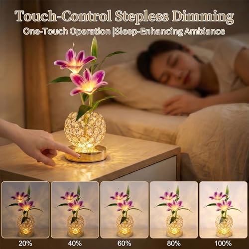 Stargazer Lily Flowers Table Lamp, Rechargeable Cordless Touch Crystal Lamp with 3 Color Modes, Easter Lily Night Light for Bedroom Kitchen Office Decor, Birthday Mothers Day Gifts for Women Mom - Image 4