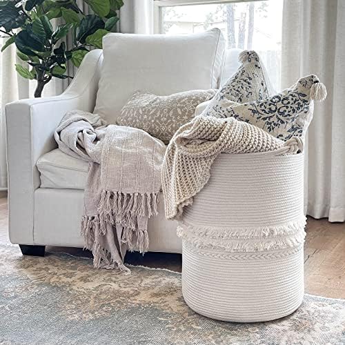 CherryNow 70L Woven Rope Laundry Basket with Tassel, 16" x 22", White - Image 2