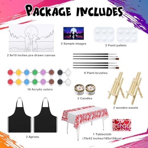 VOCHIC Sip and Paint Kit,Pre Drawn Canvas Couple Painting Kit for Adult Art Set with Outline Canvas for Adults Date Night Couples Valentine's Day, 2 Pack (8 x 10 Inches) - Image 3