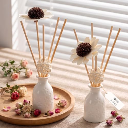 2PCS Rose Reed Diffuser Set, 1 fl oz Ceramic Bottle with 5 Sticks & Sunflower Rattan Ball Decor, Plant-Based Non-Toxic Essential Oil, Long-Lasting Home Fragrance for Bedroom Bathroom by WOHSEROM