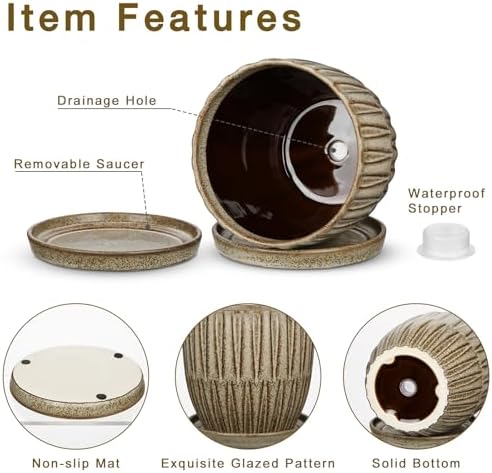 Oairse Ceramic Pots for Indoor Plants, 4.7 +5.7 inch Pots for Plants Set of 2 Brown Plant Pots with Drainage Holes and Saucers Texture Ceramic Planters Indoor Outdoor Flower Pot for Succulent - Image 3