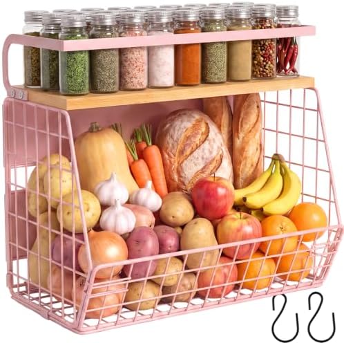 Magnetic Shelf for Fridge with Wood Lid, Fruit Potato and Onion Storage Bins, Pantry Organizers & Storage, Large Container Magnetic Spice Rack for Refrigerator, Kitchen Counter, Cabinet (Pink, 1) by Ofiray-home