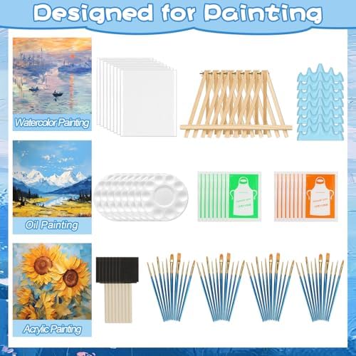 8 Pack Mini Canvas and Easel Set, 8×10 Inch Paint Party Kit Include 8 Small Easels 8 Color Palettes 8 Pen Holders 8 Sponge Brushes 16 Apron and 40 Brushes, Canvas Kit for Painting Party - Image 5