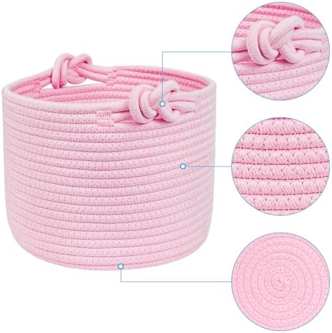 ABenkle Small Woven Basket, Cotton Rope Shelf Storage Basket, Small Round Basket, Cute Basket, Decorative Round Bin for Nursery Bedroom Bathroom, 9.4" x 9.4"x 7.1" Empty Gift Basket- Pink - Image 2