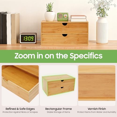 Bamboo Desk Organizer with 2 Drawers, Natural Wood Tabletop Storage Box | No-Assembly Countertop Drawer for Office Home Makeup Jewelry Stationery - Image 7