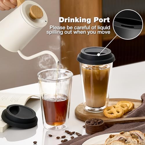 Qipecedm® 2 Packs Double Walled Glass Coffee Mugs with Silicone Lids, 12 OZ Reusable Glass Coffee Cups, Insulated Coffee Mugs, Cappuccino,Tea,Latte,Iced Coffee Cups, Glass Travel Mug, Heat Resistant - Image 3