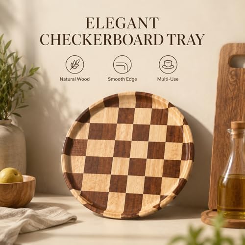 11 Inch Checkered Tray Round Wooden Trays for Decor, Acacia Wood Decorative Plate for Coffee Table, Kitchen Counter, Bathroom Vanity, Candle Holder & Table Centerpiece - Image 3