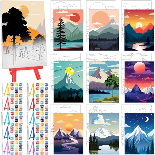 Blosssound 10 Set Pre Printed Canvas Pre Drawn Canvas Painting with Easel Kits 5" x 7" Outline Painting Panels for Beginners, DIY Craft Project, Party Favor, Home Decors(Sunset) by Blosssound