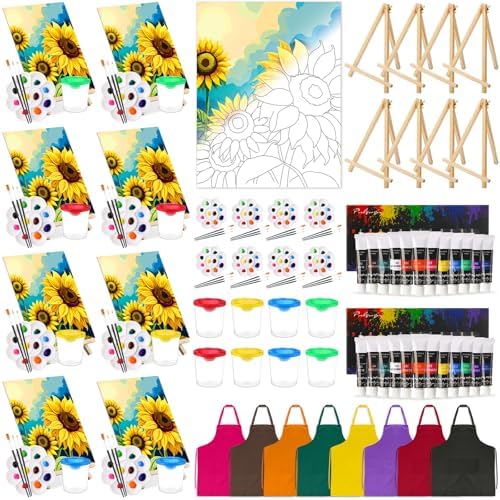 Cholemy 8 Set Paint and Sip Kit for Adults 8'' x 10'' Pre Drawn Canvas with Wooden Easels Acrylic Paint Brushes Wash Cup Palette Apron for Painting DIY Date Night Party Supplies(Sunflower) by Cholemy