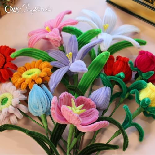 WeVeel Cozy Craftworks Four Pack Flowers Chenille Stem Craft Kit Bundle for Teens & Adults – Mindful DIY Flower Craft, Tactile Pipe Cleaner Art Kit with QR Video Tutorials - Image 3