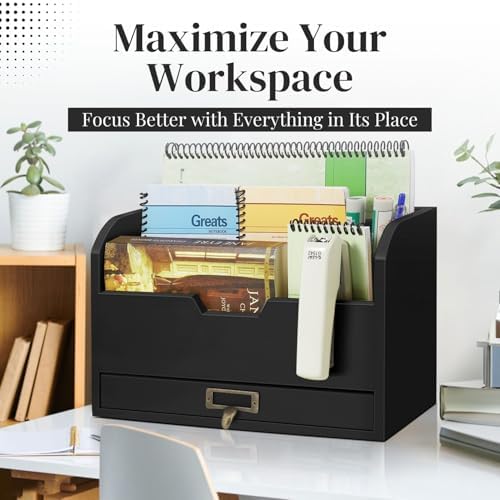 Flexzion Wood Desk Organizer, 3-Tier Mail Organizer w/Drawer, Light Brown - Image 2