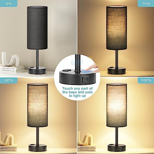 Fenmzee Black Bedside Lamp for Bedroom, Dimmable Touch, USB A+C, AC Outlet - Image 2