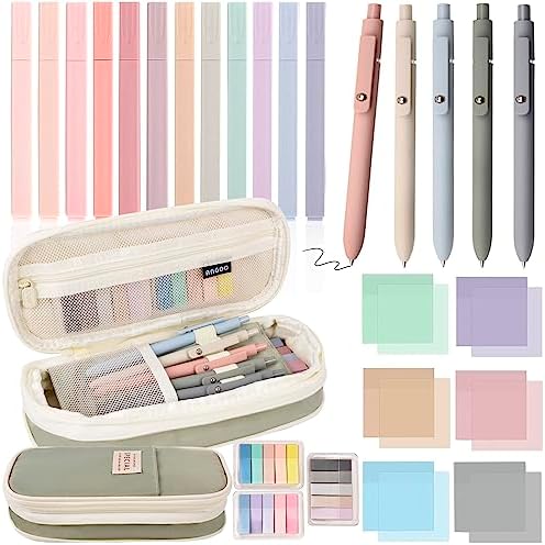 27 Pcs Aesthetic School Supplies Include 12 Pcs Aesthetic Highlighters Bible 1 Ppcs Big apacity Pen Case Bag 5 Pcs Retractable Quick Dry Gel Ink Pens 9 Pads Clear Sticky Tabs for School Office Home by ChezMax
