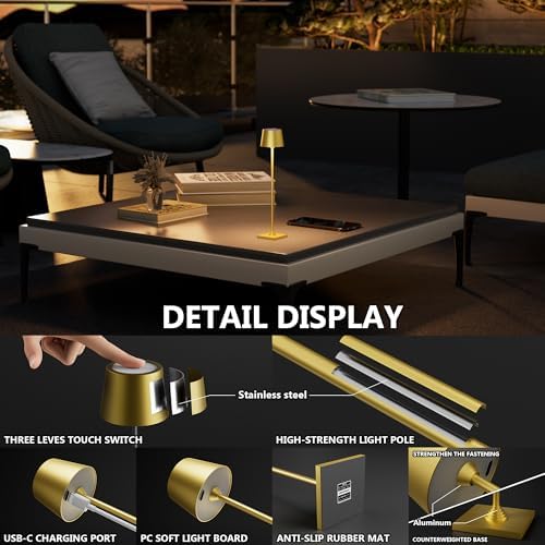 Timjorman Compact Cordless Table Lamp, Rechargeable LED Night Light, Dual Light Source (RGB Top & Warm Bottom), Touch Control & Timer, Metal Lamp for Bedroom & Kids Room (Golden 1-Pack) - Image 3