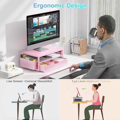 Monitor Stand with Drawer and 2 Pen Holders (Matte Pink) - Image 2