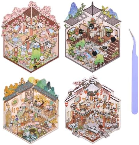 Girls 3D Miniature Scene Stickers, 4 Sets Chinese Courtyard DIY House Stickers for Lunar New Year, Spring, Summer, Auturn, Cute 3D Cartoon Sticker Scenes for Adult Kids Relief Stress Pass The Time by VYRANA