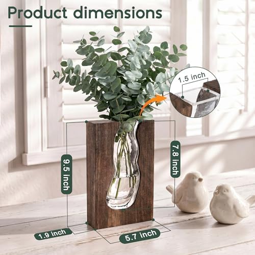 Wood and Glass Inlay Vases Farmhouse Wooden Glass Flower Vase Solid Wood Glass Vase Home Decor Vases for Centerpiece (9.44 Inches) - Image 4