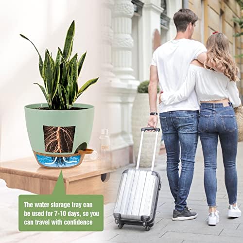 UOUZ Large Self Watering Pots, 12/10/9 Plastic Planters with High Drainage Holes and Deep Reservoir for Indoor Outdoor Garden Plants and Flowers, Green with Brown - Image 6