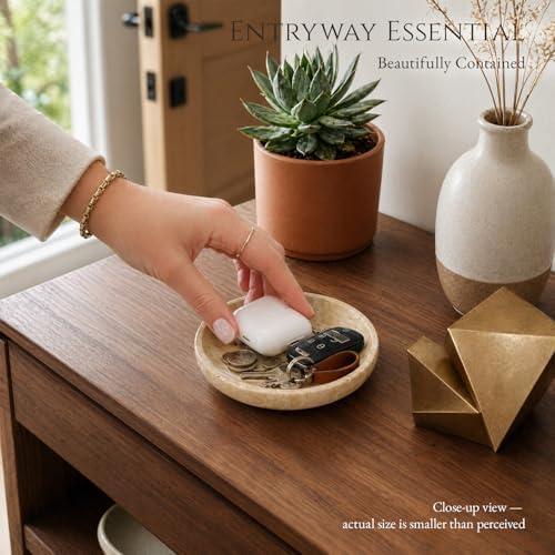 Natural Travertine Valet Tray - 5.5" Round Stone Jewelry Trinket Dish Catchall for Keys, Watches, Rings - Decorative Beige Bowl for Entryway, Nightstand, Bathroom Vanity - Image 5