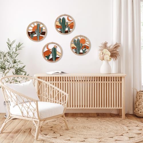 HPNIUB Boho Cactus Wall Decor, Rustic Desert Tropical Botanical Hanging Wood Sign for Living Room, Round Southwest Plant Wooden Plaque, Sun and Moon Wall Art for Apartment Office(10''x10'') - Image 7