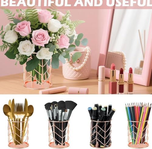 2 Pcs Square Post Note Holder and Circle Pen Holder, Metal suit for Home Office Supplies Workspace School for Desk Organize(Rose Gold) - Image 4