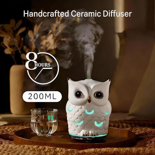 ALIEYE Owl Essential Oil Diffuser, 200ML Handmade Ceramic Aromatherapy Humidifier, Ultrasonic Cool Mist, 7-Color LED Night Light, Auto Shut-Off, White - Image 4