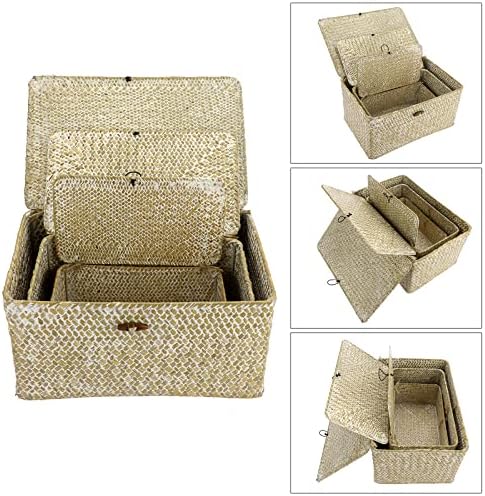 Hipiwe Set of 3 Wicker Storage Basket Bin with Lid Large Woven Seagrass Box - Image 6